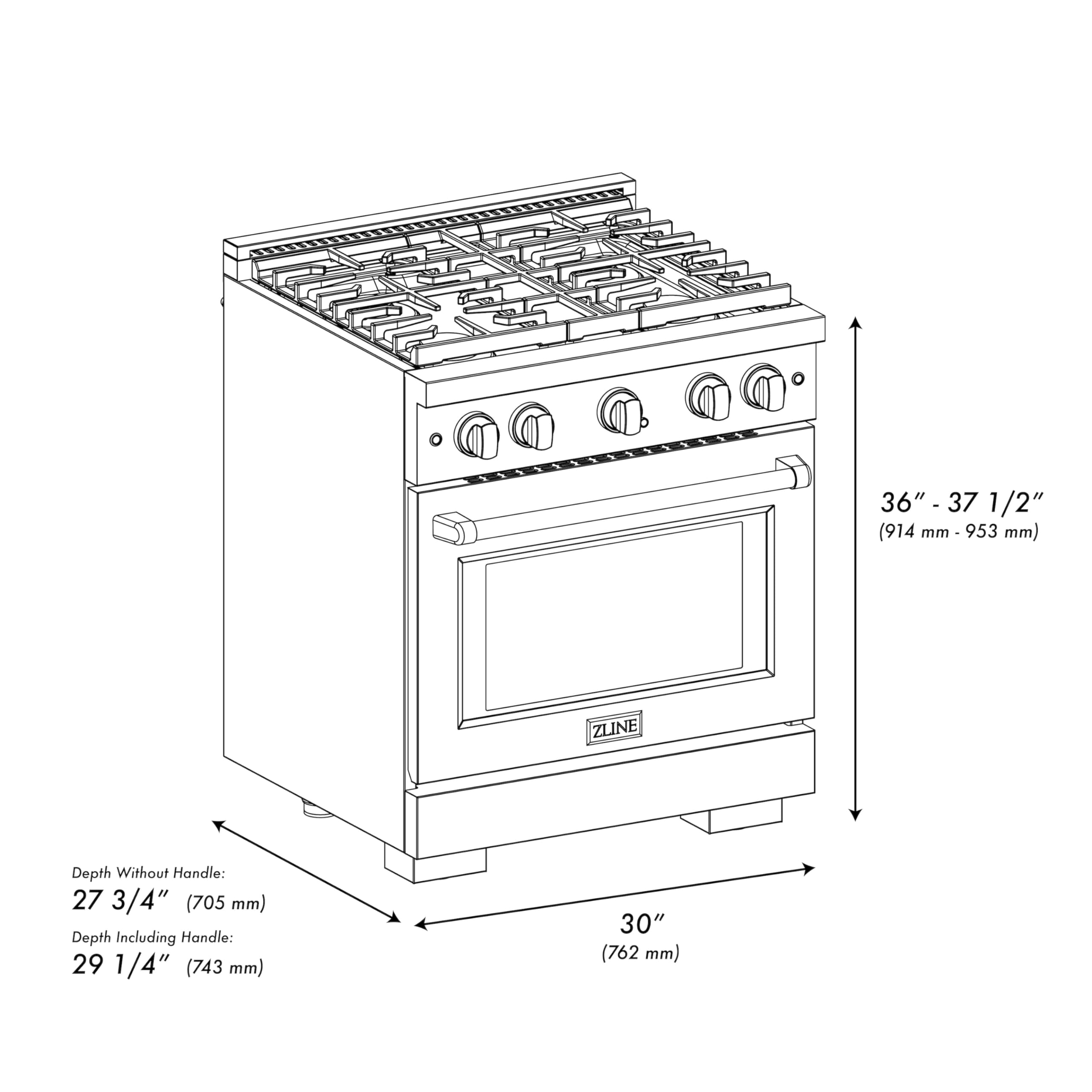 ZLINE Autograph 30" 4.2 cu. ft. Paramount Dual Fuel Range with 4 Burners in DuraSnowÂ® Stainless Steel with Matte Black Accents, SDRSZ-30-MB