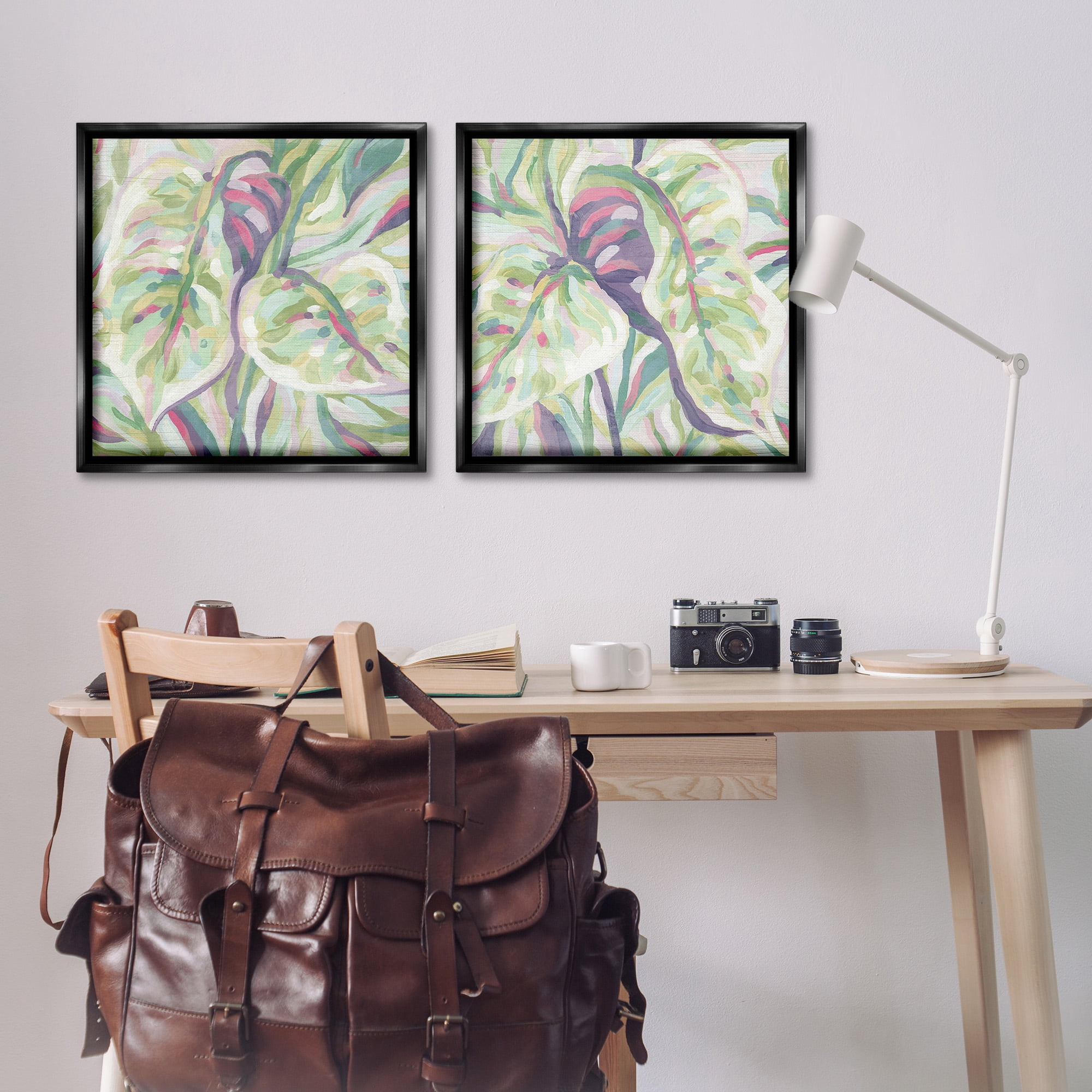 Stupell Industries Tropical Fronds Pattern Botanical & Floral Painting Black Floater Framed Canvas Art Print Wall Art, 25 x 25, Set of 2