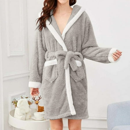 

〖TOTO〗Women Sleepwear Women Hooded Fleece Bathrobe Lightweight Warm Plush Long Flannel Sleepwear Fleece Hooded Bathrobe Plush Long Robe