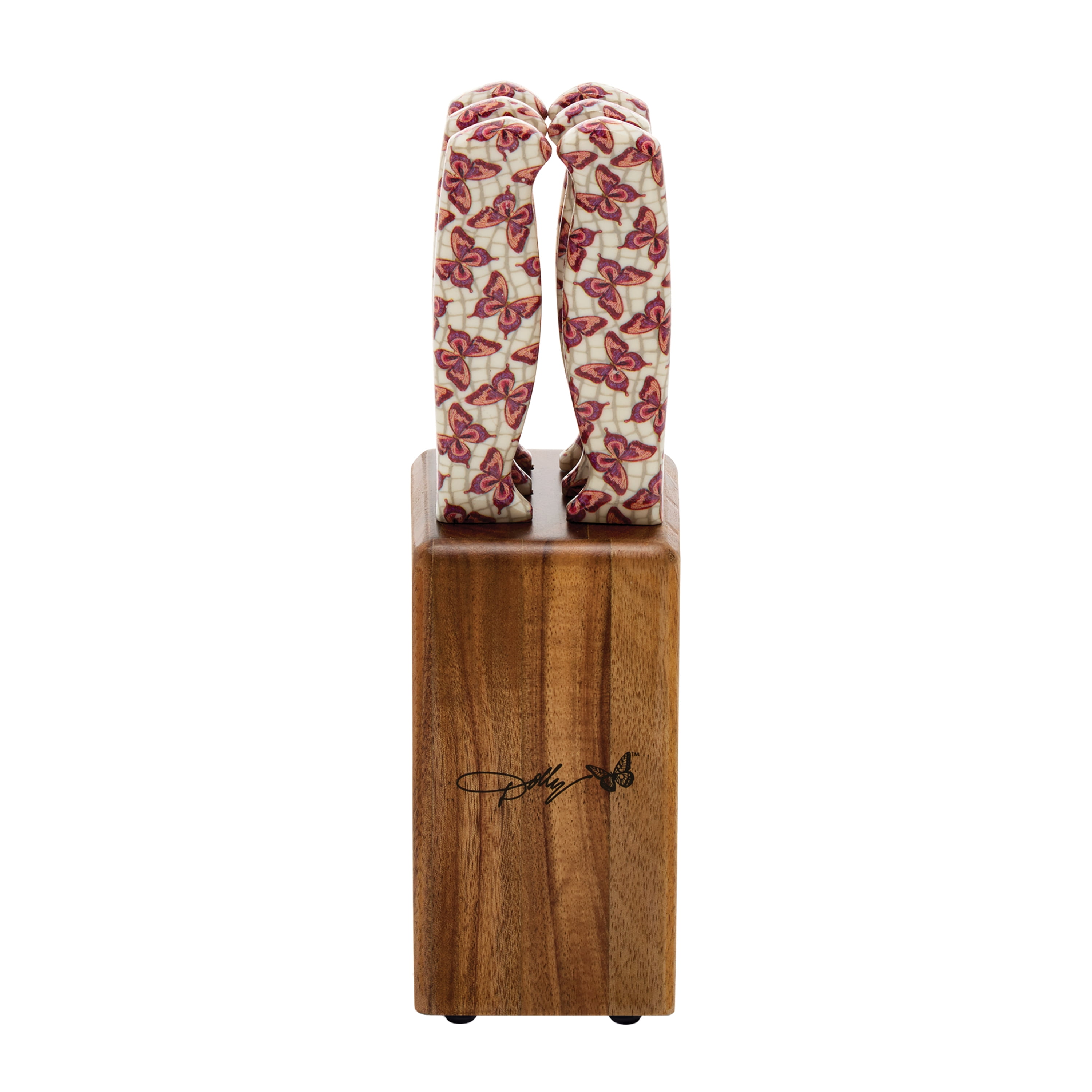 Dolly Parton 7-Piece Steak Knife Set with Pink Handles and Acacia Block for Storage