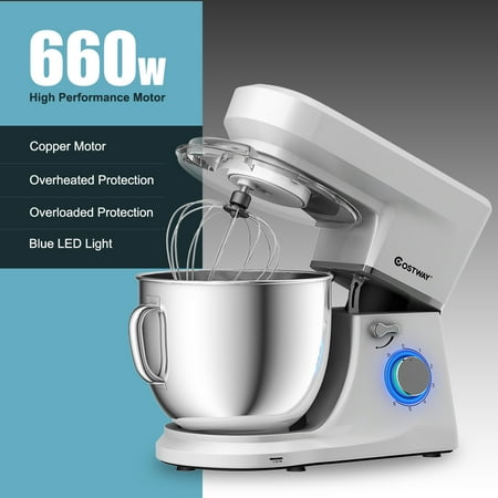 Costway - Tilt-Head Stand Mixer 7.5 Qt 6 Speed 660W with Dough Hook, Whisk & Beater - Silver