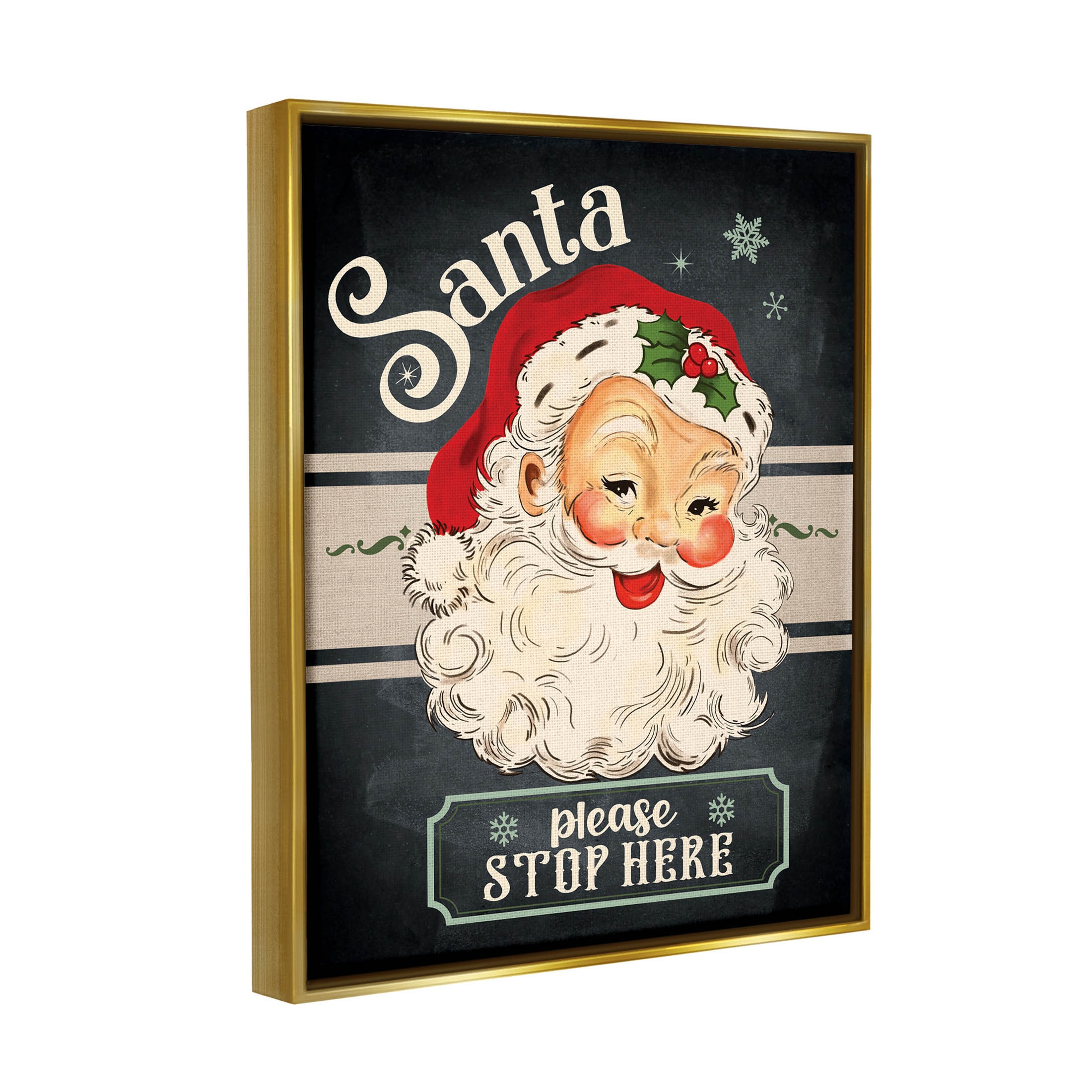 Santa Please Stop Here Vintage Smiling Holiday Graphic Art Metallic Gold Framed Art Print Wall Art
