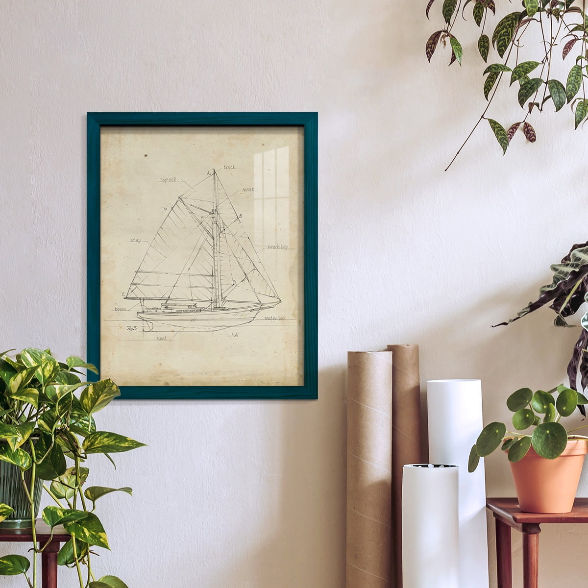 Sailboat Blueprint III -Framed Print w/glass-Ocean Blue