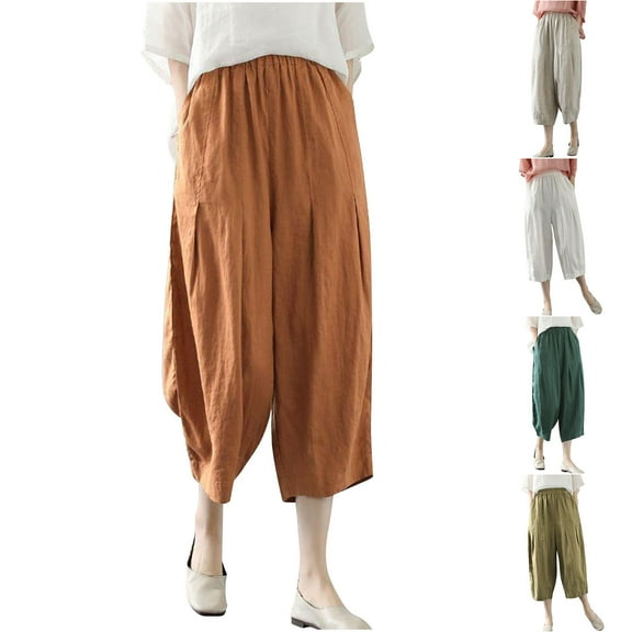 Capri Pants for Women, Xunlbb Ladies' Fashionable Solid Color Loose Elastic Waisted Lantern Pants Cotton And Linen Women's Pants Cropped Pants(Beige,M)