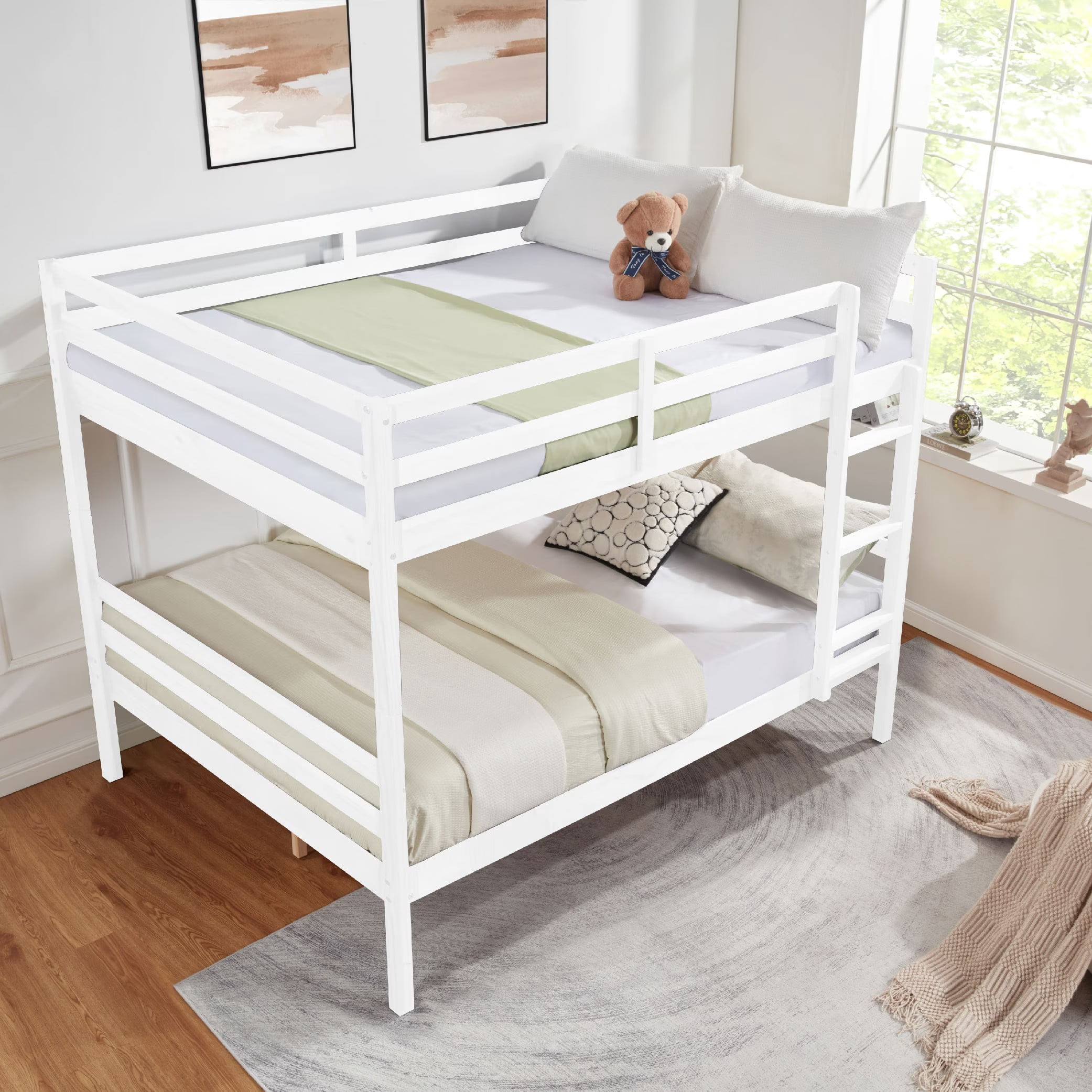 Full Over Full Bunk Bed, Solid Wood Bunk Bed Frame with High Guardrails and Ladder, Heavy Duty Wooden Slats, No Box Spring Needed for Kids, Teens, Guest Room, White