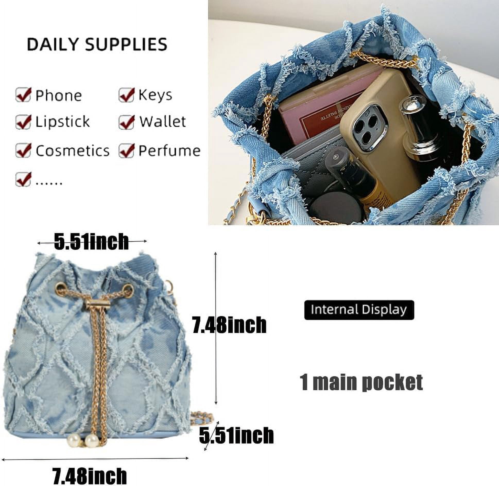 CoCoMangos Small Denim Bucket Bag, Jean Purses for Women Denim Crossbody Bags Hobo Bag Drawstring Handbag