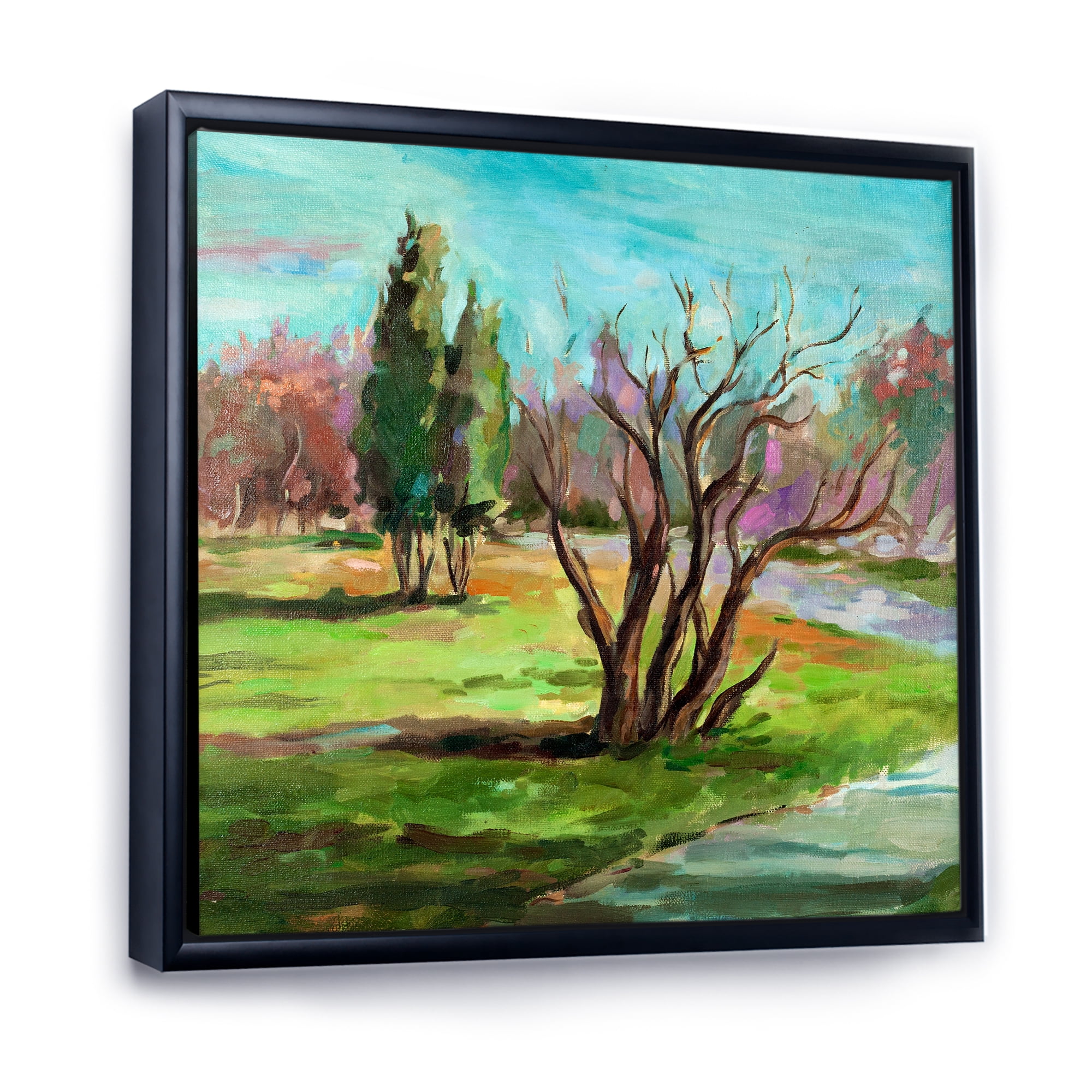 Two Distant Trees In A Vibrant Green Landscape 36 in x 36 in Framed Painting Canvas Art Print, by Designart