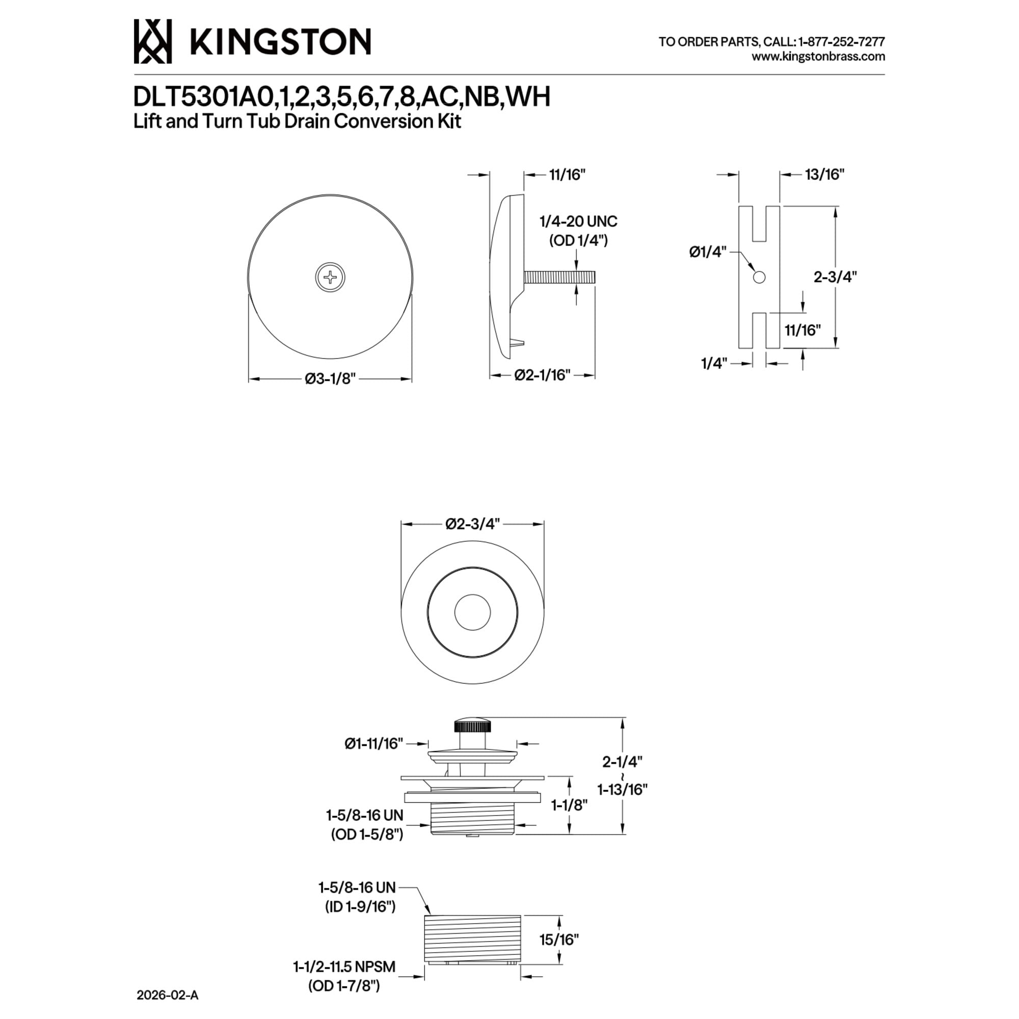 Kingston Brass DLT5301A7 Trimscape Zinc Alloy Lift and Turn Tub Drain Conversion Kit in Brushed Brass