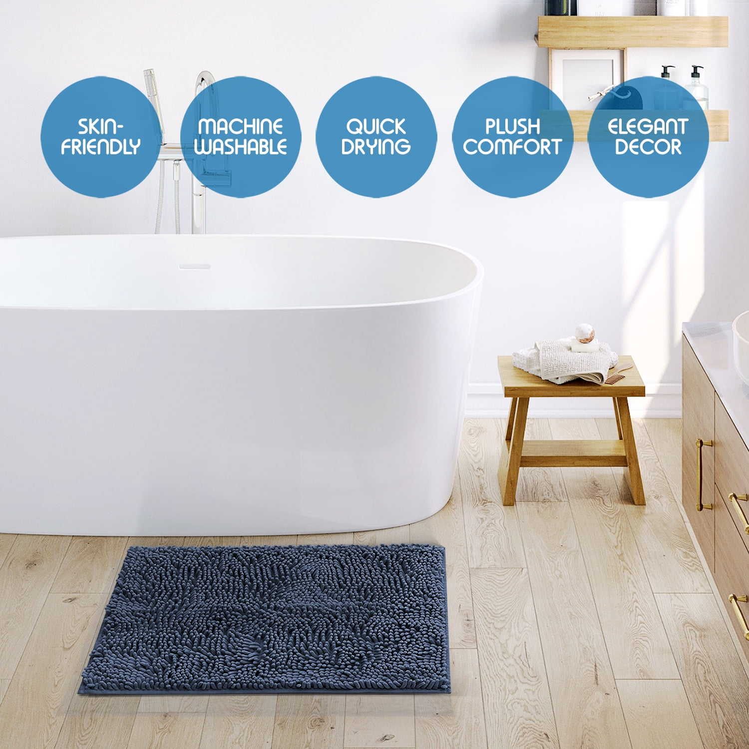 Nestl Bathroom Rugs, Machine Washable Bath Mats For bathroom Floor Rugs, Nonslip Backing Rubber Bath Rug, Navy