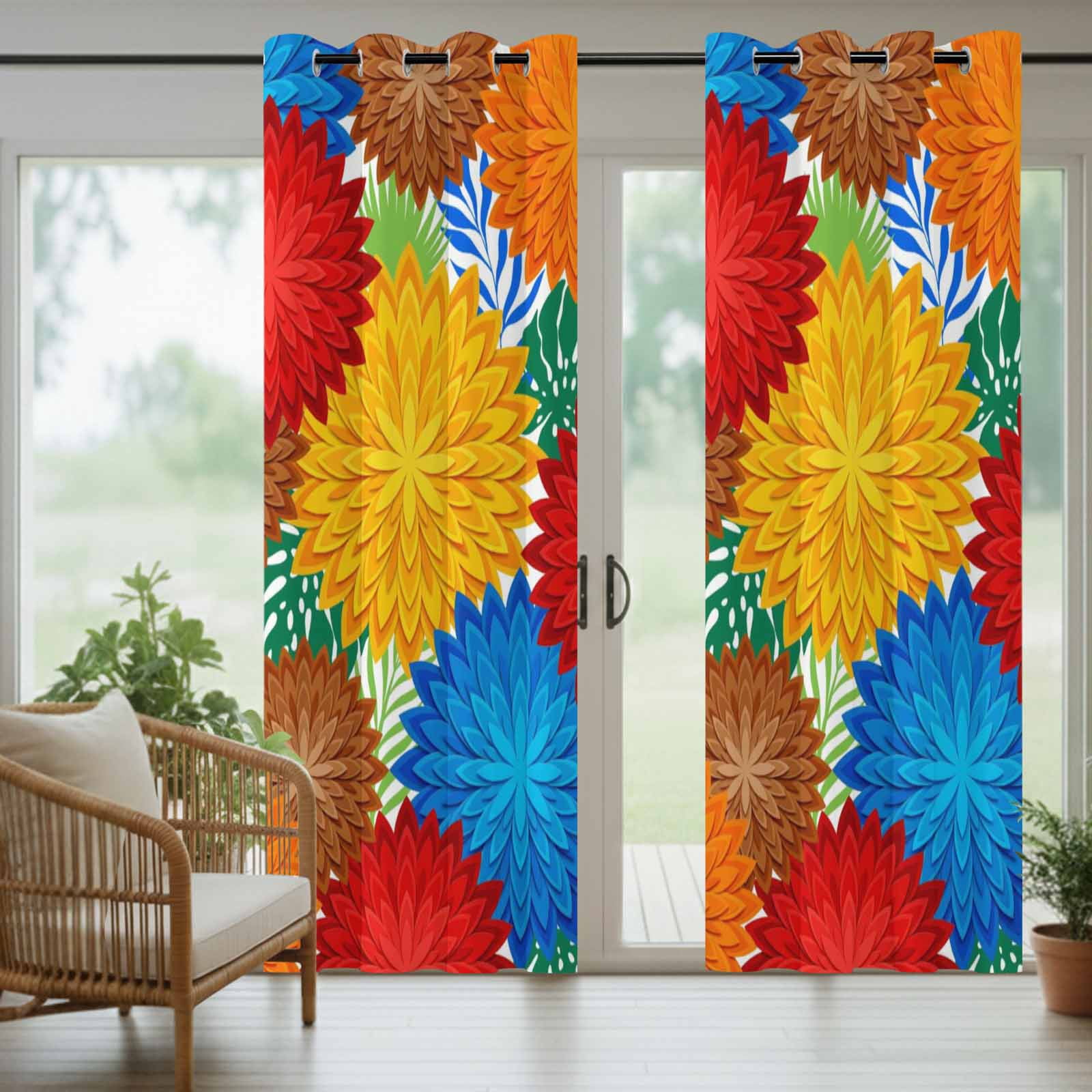 Dahlias Bloom Outdoor Curtains for Patio, Modern Exotic Minimalist Red Blue Yellow Orange Brown Flowers Sunshade Privacy Drapes Grommet Waterproof Outside Curtains for Porch Balcony 54"x108", 1 Panel