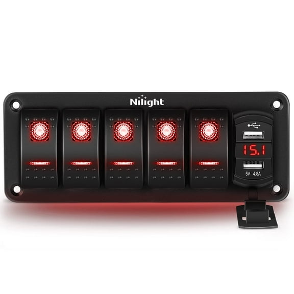Nilight 5 Gang Rocker Switch Panel Red Backlit with 4.8 Amp Dual USB Charger Voltmeter Waterproof 12V 24V DC Rocker Switch with Night Glow Stickers for Car Trucks Boats RVs,2 Years Warranty