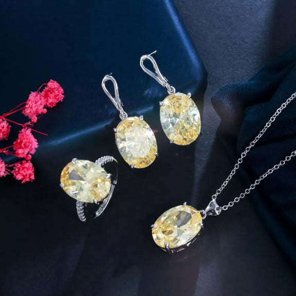 Classy Yellow CZ Women Lady Oval Cut Pendent Necklace Earrings Ring Jewelry Set