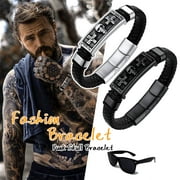U7 Punk Men Boy Bracelet Genuine Leather Cross Skull Black Bracelet Adjutable Stainless Steel Wristband for Father's Day Gift,19cm/7.5 Inch