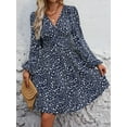 thumbnail image 2 of Women's Fall A-Line Midi Dress V-Neck Long Lantern Sleeve Elastic Waist Ruffle Flowy Swing Spring Dresses, 2 of 7