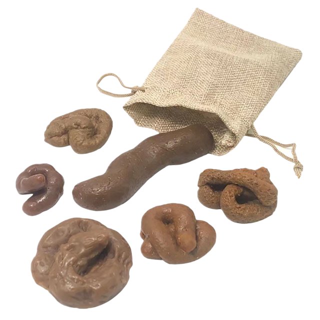 Riforla Poo Soft Dog Poo Prank Joke Fun Toy Realistic Poo 6 PCS Set. This novelty toy set includes six pieces of realistic-looking poo in different shapes and shades of brown, crafted from soft TPR material known for its durability and flexibility. The items are shown spilling out of a burlap-style drawstring bag, ideal for pranks and gag gift purposes.