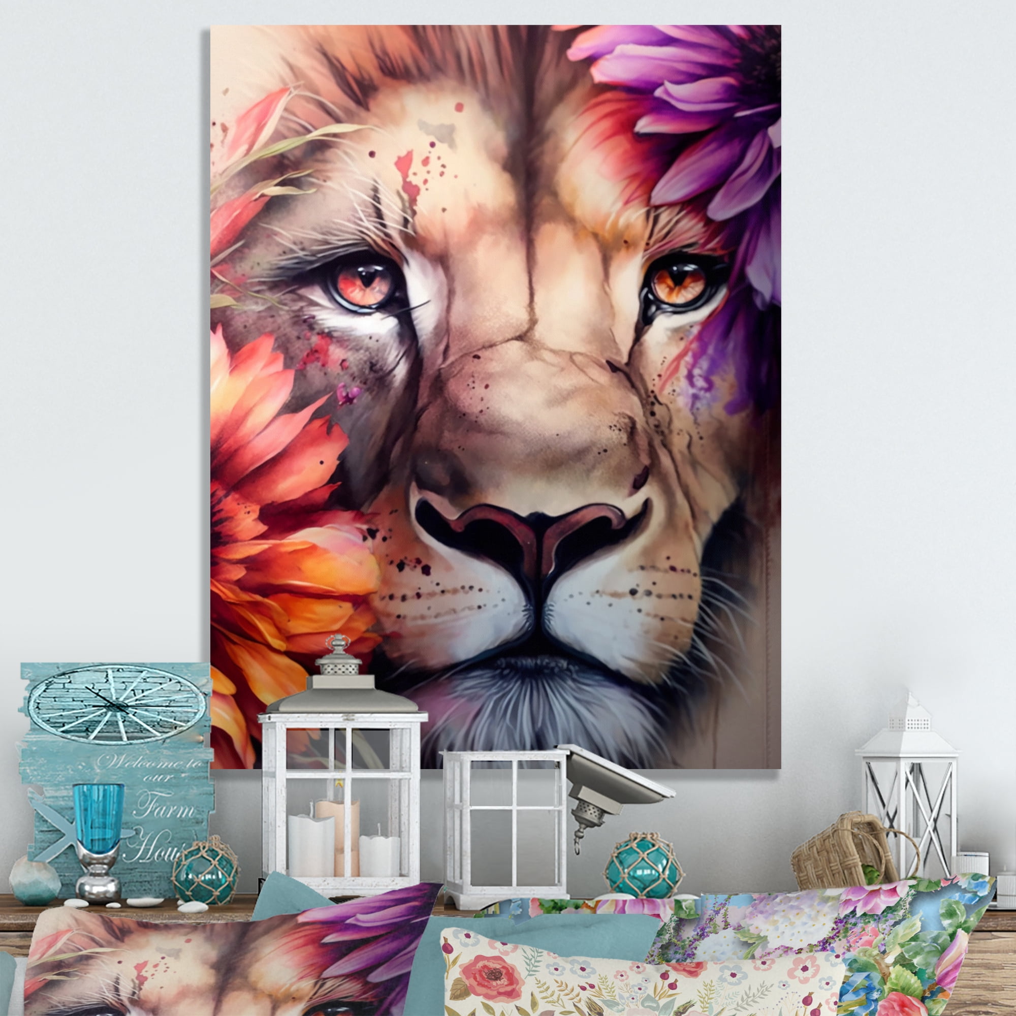 Designart Lion Portrait With Flowers I Canvas Wall Art