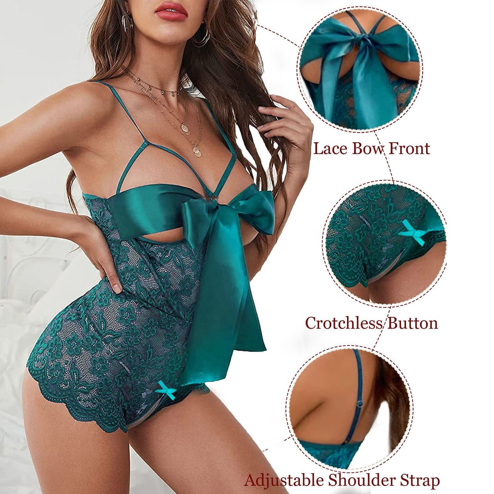 TrendVibe365 Valentine's Day Lingerie Sets for Women Green Crotchless Lace  Hollow Out Bows Spaghetti Strappy Snap Crotch Bodysuit Night Exotic  Loungewear Boudoir Nightie Date Lingerie Sets 