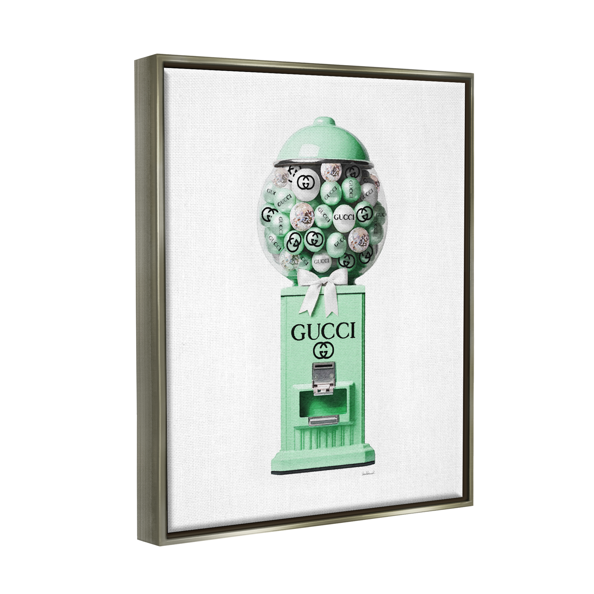 Stupell Industries Green Glam Gumball Machine Beauty & Fashion Painting Gray Floater Framed Canvas Art Print Wall Art, 17 x 21