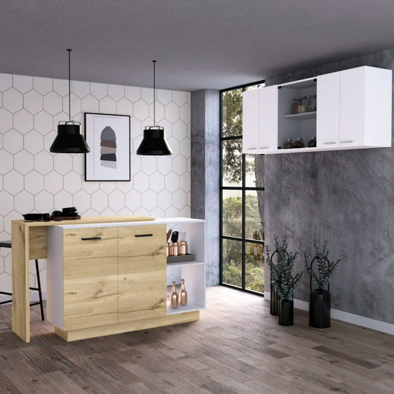 Versatile Kitchen - White & Oak Island And Wall Cabinet For All Needs With Extra Storage Space