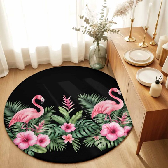 Round Rugs 4Ft, Pink Flamingos Round Area Rug Washable Indoor Throw Carpet, Summer Botanical Black Tropical Watercolor Soft Non Slip Circle Rug for Kitchen Nursery Room Home Decor Aesthetic