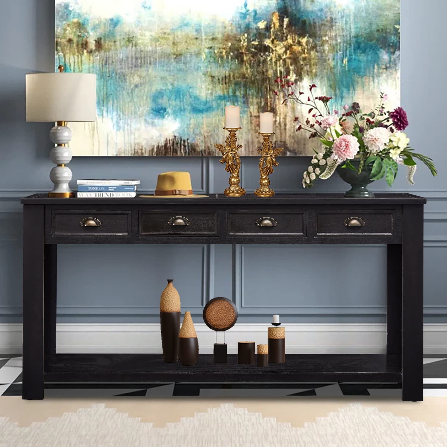 Kinbor 60” Long Console Table, Entryway Table with 4 Drawers & Storage Shelf, Black