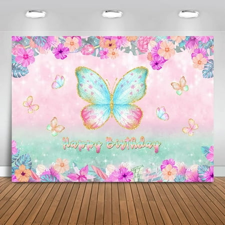 Image of Butterfly Backdrop Pink Purple Floral Butterfly Photography Background Butterfly Theme Happy Birthday Party Cake Table Decoration Banner Photo Booth Props (7x5ft)
