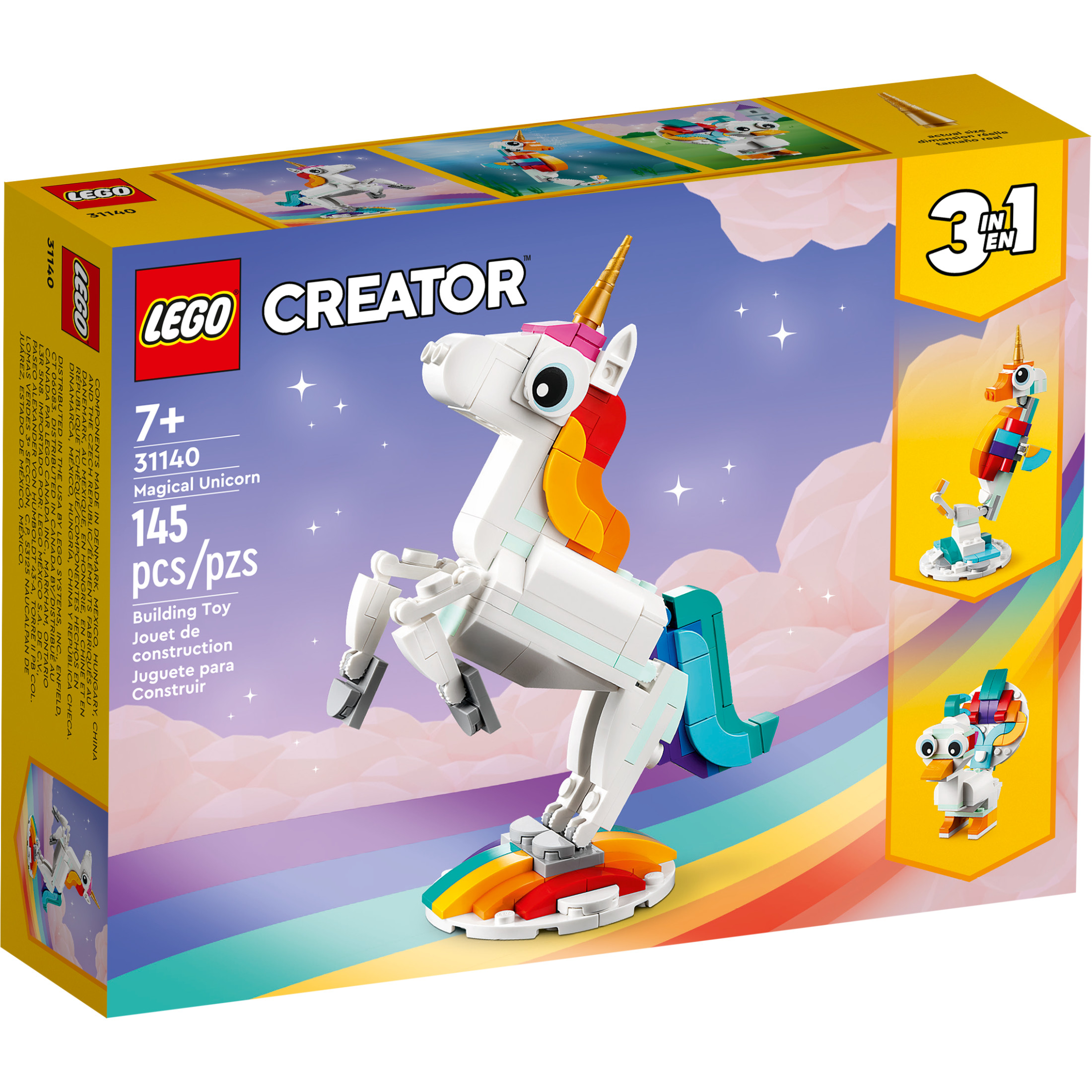 LEGO Creator 3 en 1 Unicornio Mágico - Set de Juguete de Construcción con 3 Opciones de Construcción, Unicornio, Caballito de Mar o Pavo Real - Juguete de Aprendizaje para Niños, Niñas y Niños, Mayores de 7 Años - Relleno de Canasta de Pascua - 31140 2