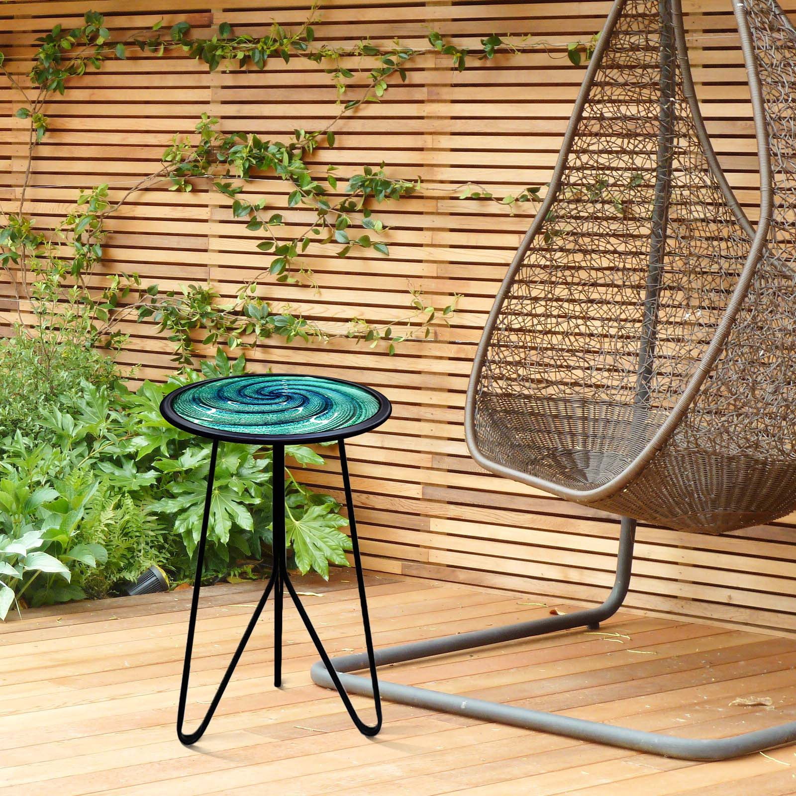 Liffy Green Glass Side Table - 20" Height Vortex Metal End Table with Plant Stand for Living Room, Balcony, Porch