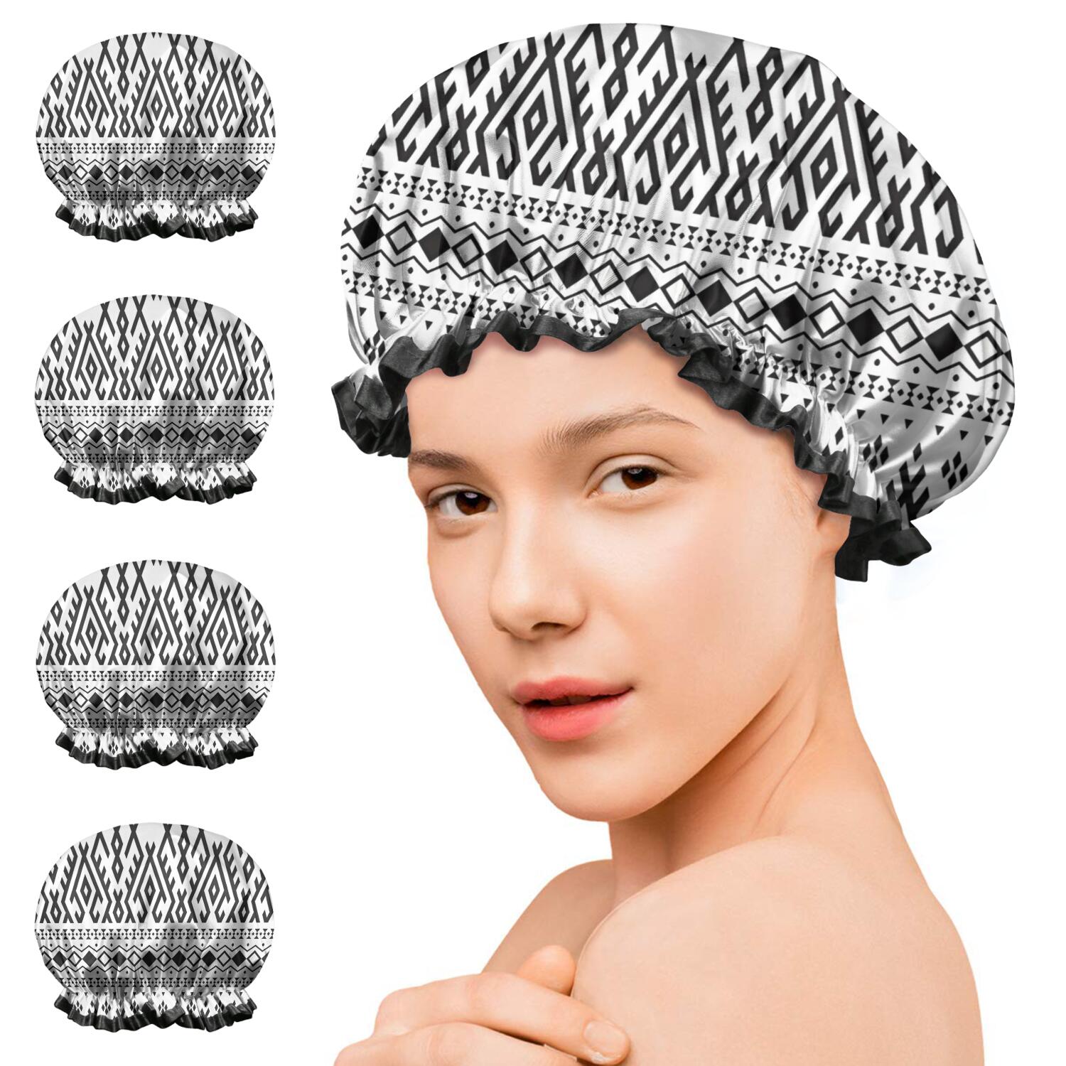 Shower Caps,Black Geometric Striped Pattern Waterproof Shower Cap for Women 4 Pieces,Double Reusable Hair Cover for Shower PEVA Elastic Stretch Hem