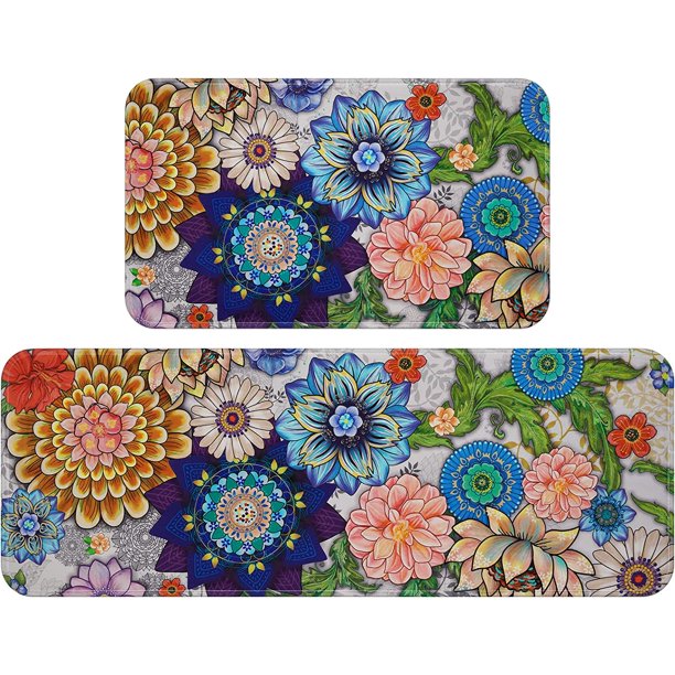 Invoibler Bohemian Kitchen Mats 2PCS,Colorful Flower Print Kitchen Rugs