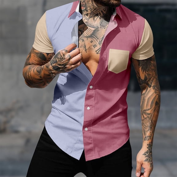 S-4X Plus Size Mens Big & Tall Shirts Short Sleeve Button-Down Tshirts Shirt with Pocket and Collared Color Block Breathable Going-Out Beach Tees Tops