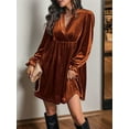 thumbnail image 4 of Women Elegant Retro Short Loose V-Neck Long Sleeve Velvet Solid Color Dress Fall Winter Fashion Clothing Orange M, 4 of 9