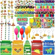 Mexican Fiesta Party Favor 84 PCS Cinco De Mayo Theme Slap Bracelets Mini Maracas Treat Box DIY Stickers Keychain Treat Box Gift Rewards for Mexican Birthday Holiday Carnival Party