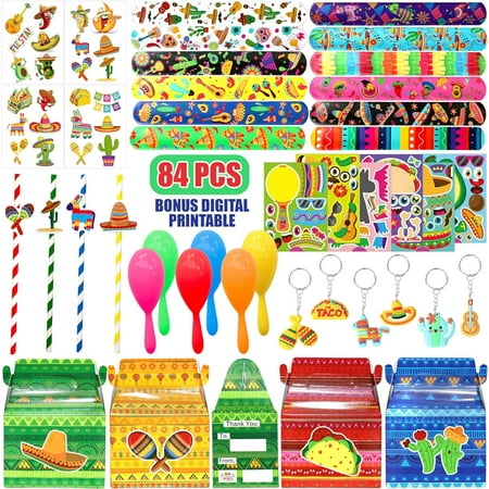 Mexican Fiesta Party Favor 84 PCS Cinco De Mayo Theme Slap Bracelets Mini Maracas Treat Box DIY Stickers Keychain Treat Box Gift Rewards for Mexican Birthday Holiday Carnival Party