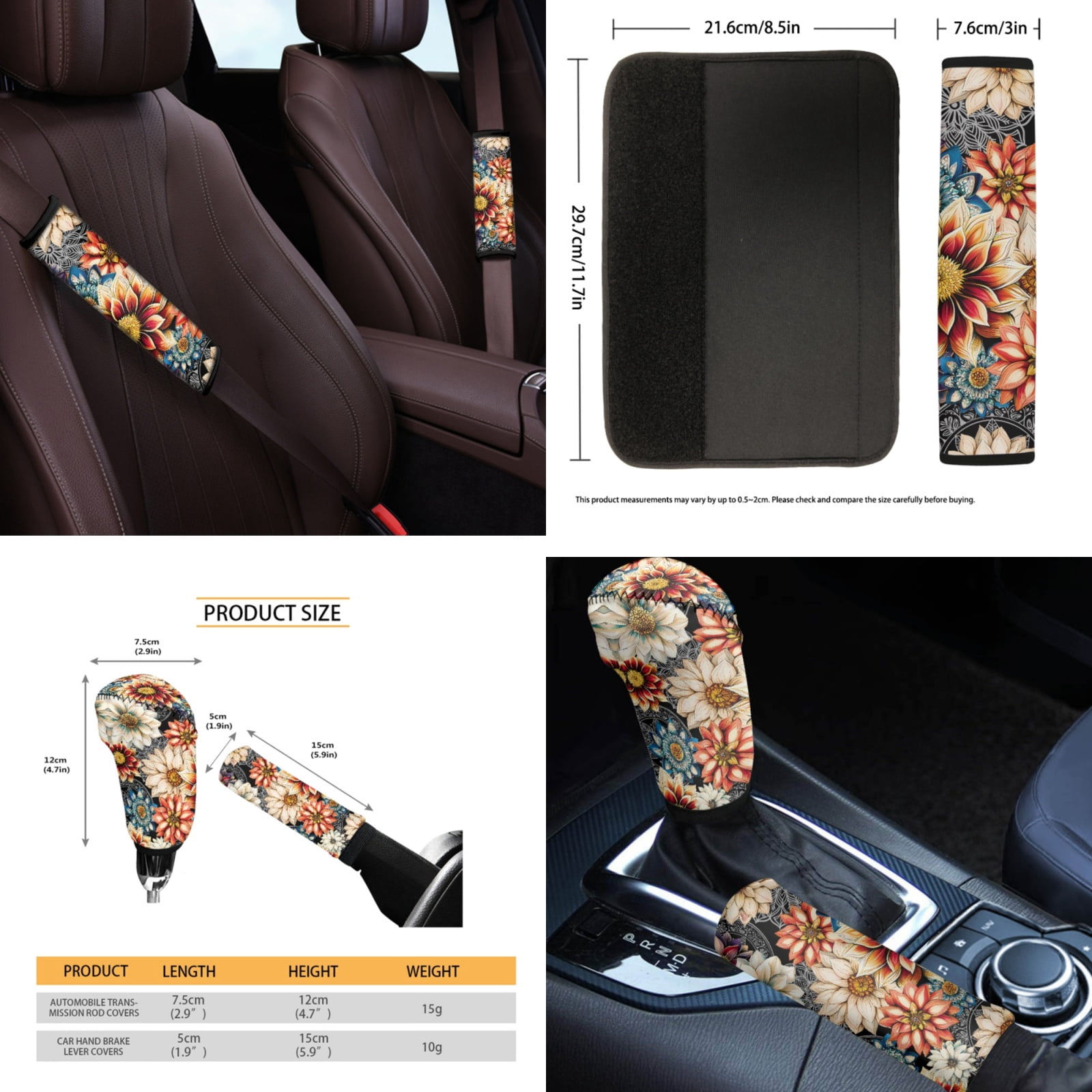 Yuyamidu Colorful Dahlia Car Seat Covers with Auto Streering Wheel Cover Center Console Pad Cover Seat Belt Cover Shift Knob Cover Handbrake Cover Coasters for Most Van SUV Sedan Auto Accessories