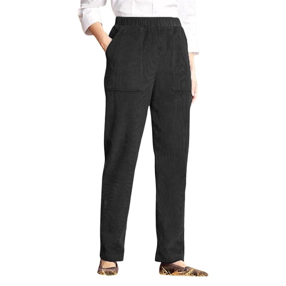 Quixlent Corduroy Casual Pants Elastic Waist Women Long Pants with Pockets Solid Color Straight Leg Commuting Office Travel Slacks