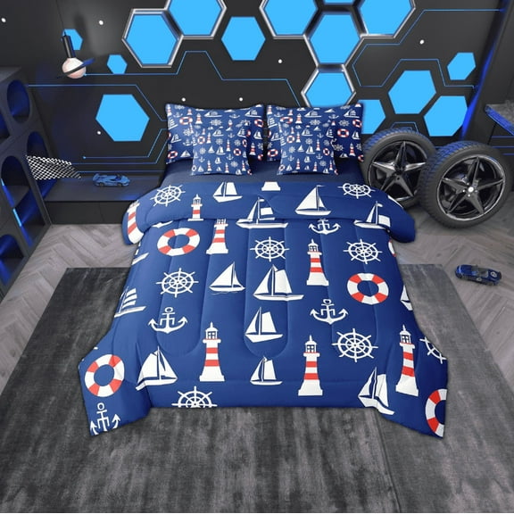 Erosebridal Sea Lighthouse Anchor Bedding Sets Twin Size,Nautical Boat Comforter Sets with Sheets,Lightweight Reversible Bed in a Bag Twin size,Teen Bedroom Decor,7pcs