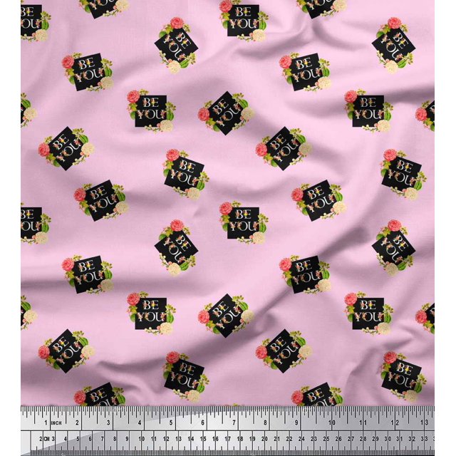 Soimoi Pink polyester Crepe Fabric Floral & Be You Text Printed Craft Fabric by The Yard 42 Inch Wide