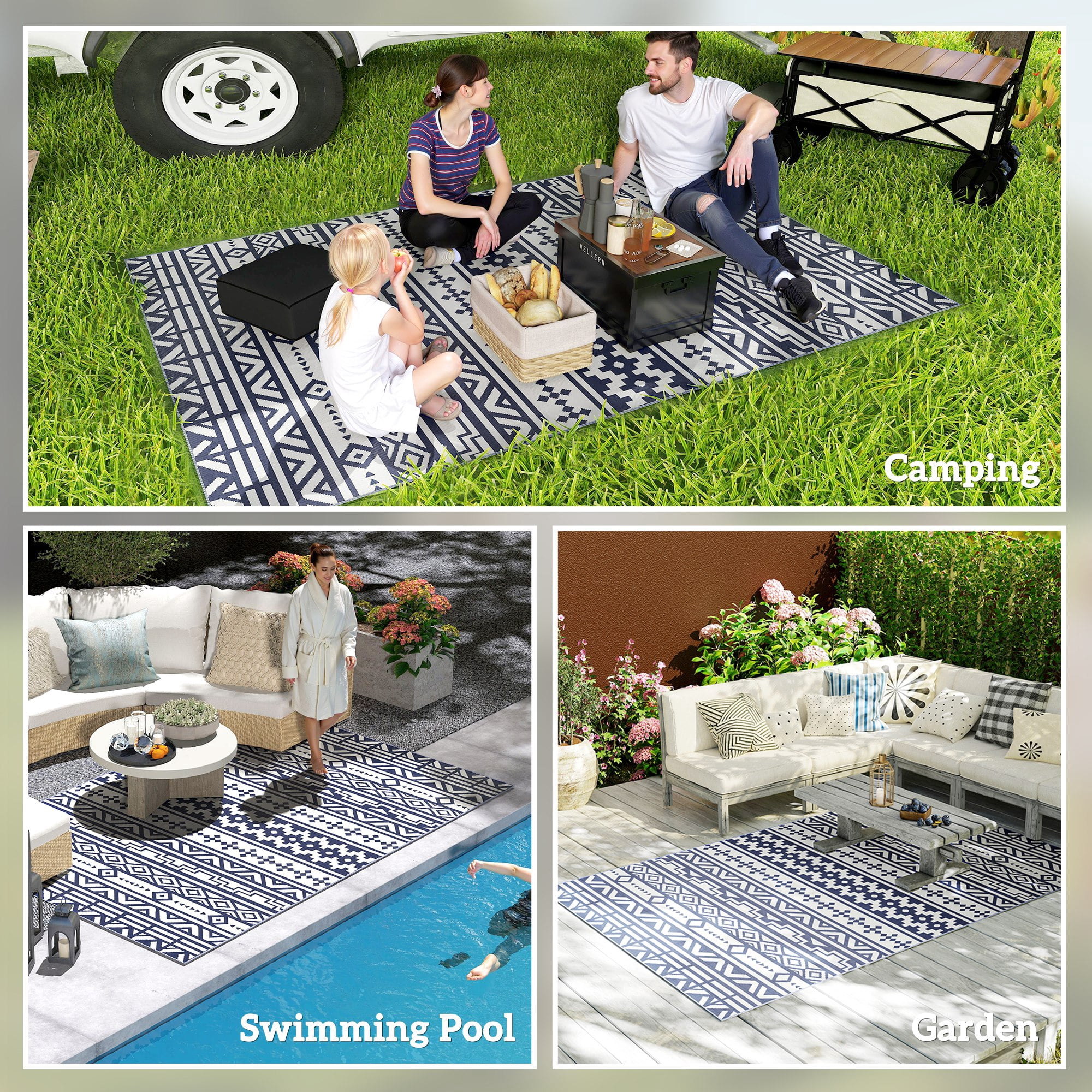 Outsunny Outdoor Patio Rug, Large Camping Carpet with Carrying Bag, 6' x 9' Waterproof Plastic Straw, Reversible, Blue & White Geometric