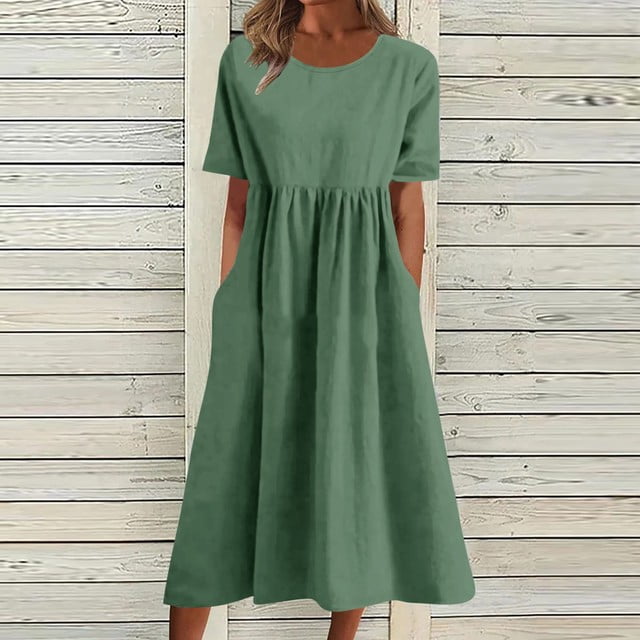 Lindbes 2024 Été Nouveau P-2TG Vintage Coton Lin Robe Femme Décontractée Ample Col Rond Manches Courtes Mode Maxi Robes Vestidos Mujer