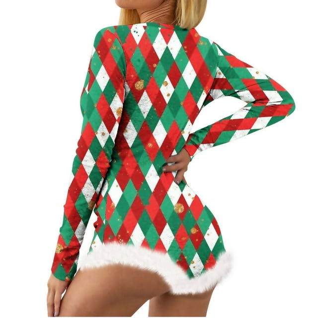 Pyjama de Noël pour Femmes, Imprimé Non Positionné, Col en V, Détail Plume, Manches Longues, Lingerie Aguichant