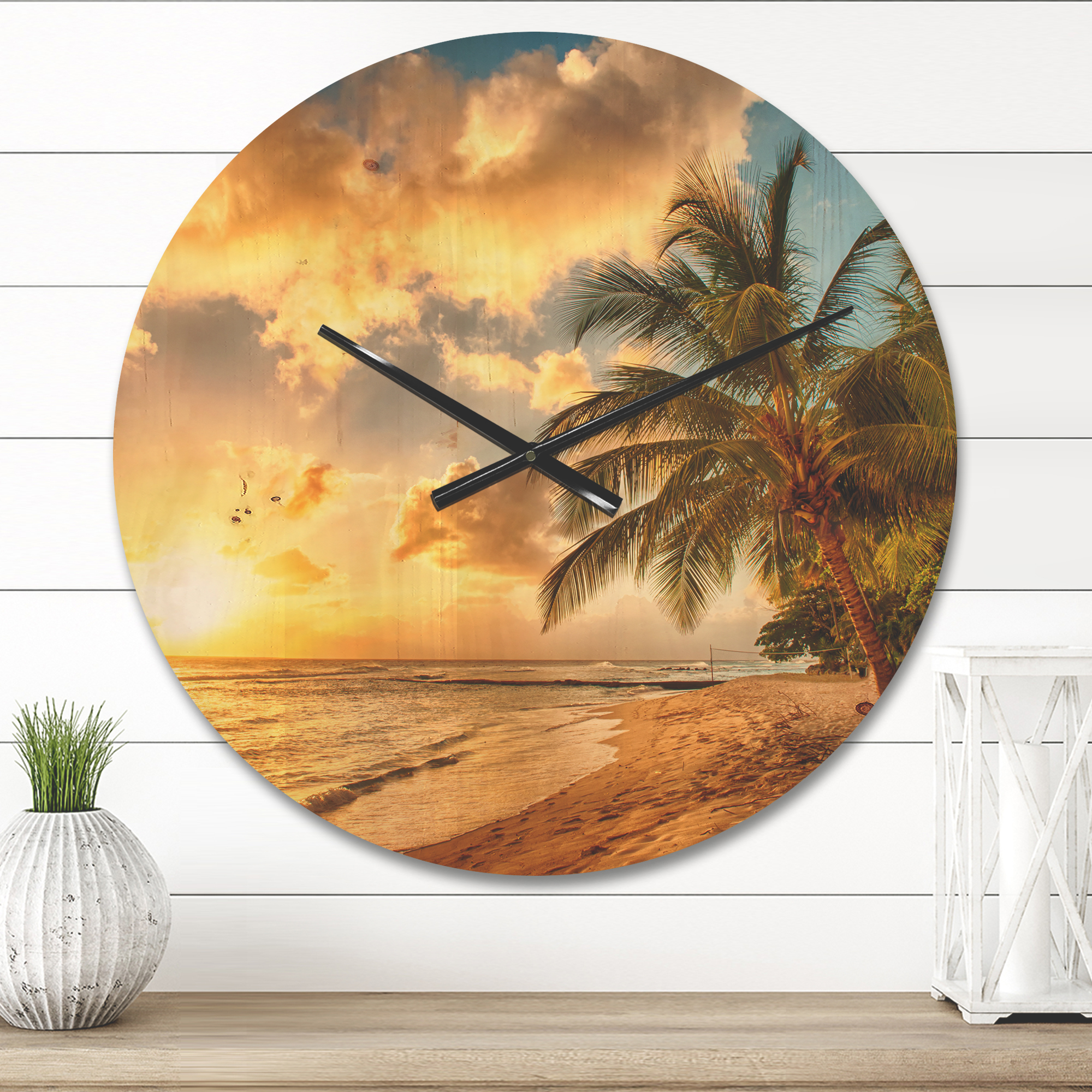 Designart 'Beautiful Beach of Island Barbados ' Modern Wood Wall Clock