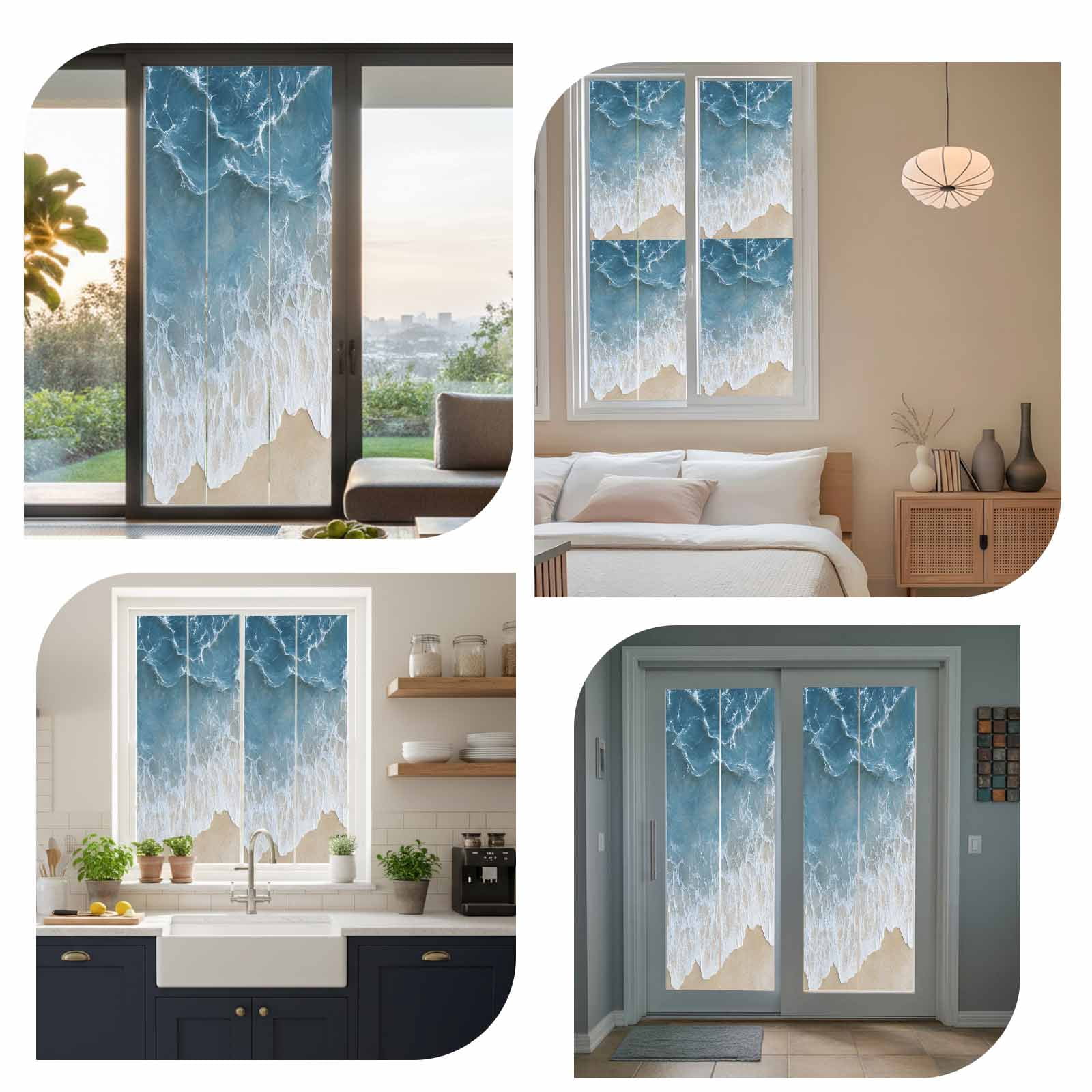 Wave Effect Modern Art Window Privacy Film, Abstract Blue Beach Frosted Glass Window Clings Static Cling UV Heat Blocking Reusable Door Sticker for Bathroom 23.6 x 59 Inch