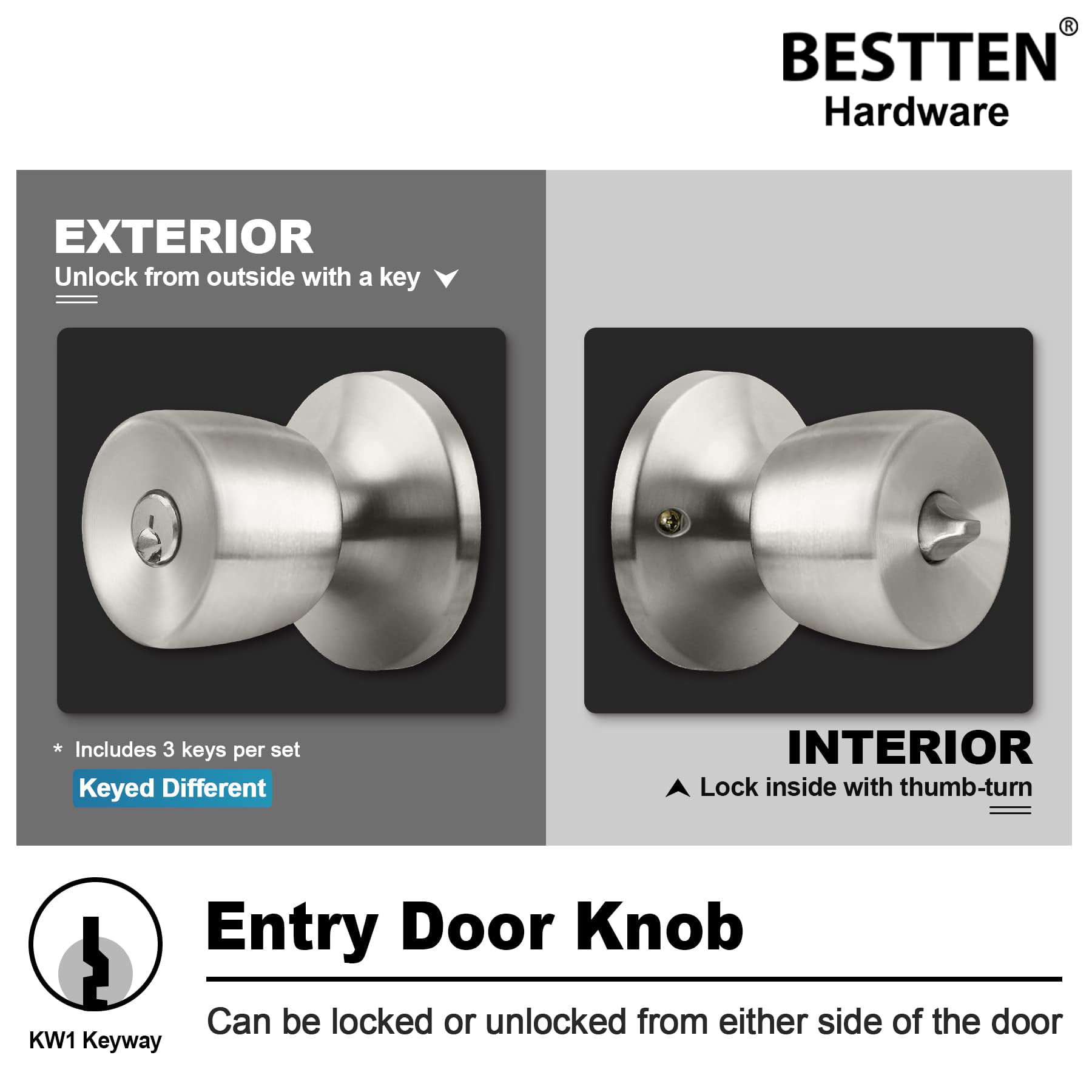 BESTTEN Keyed Entry Door Knob with Lock, Interior and Exterior Door Lock,  Standard Ball, Satin Nickel 