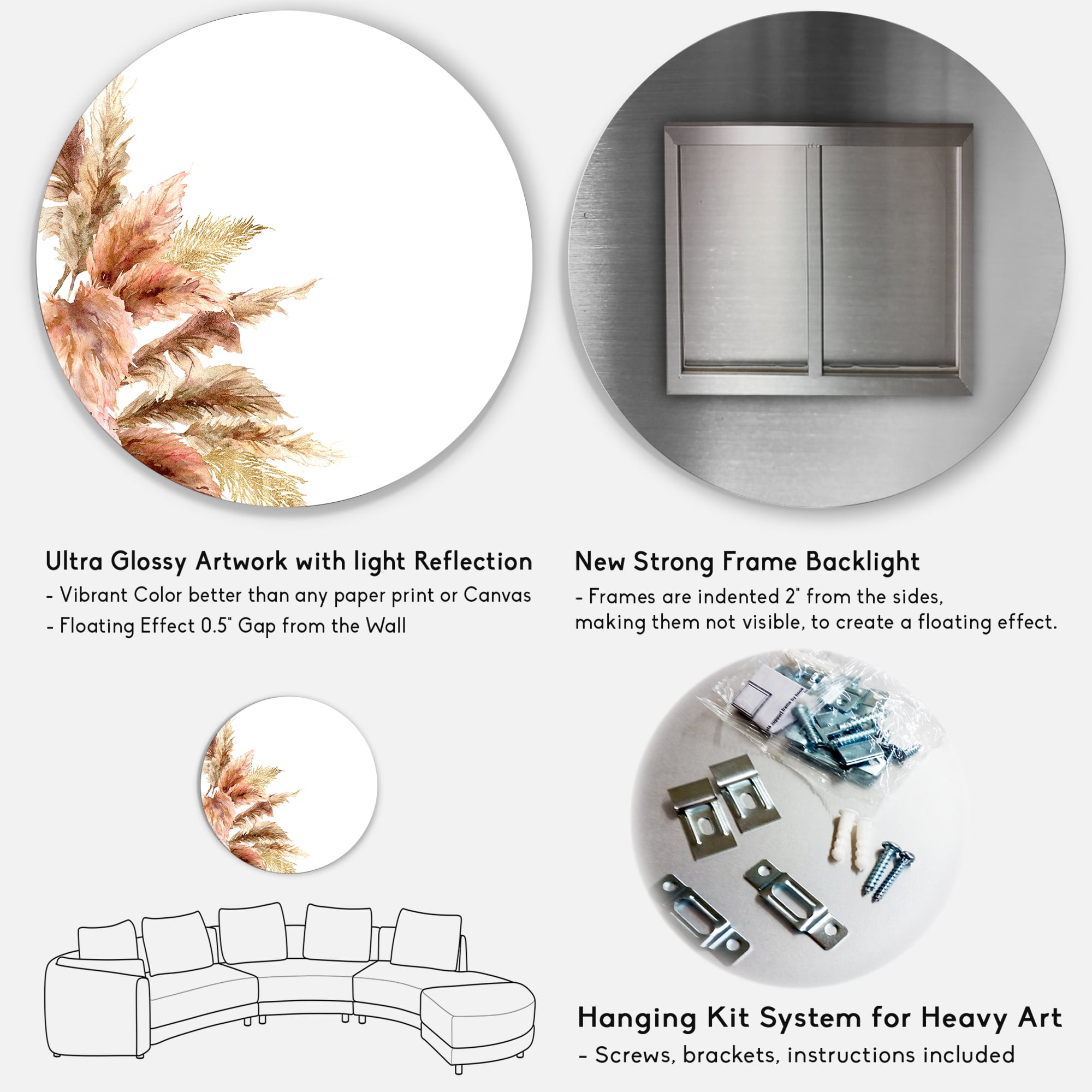 Designart 'Exotic Dry Pampas Grass On White Background' Traditional Circle Metal Wall Art 23x23 - Disc of 23