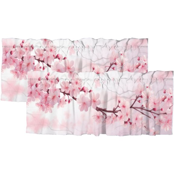 Cherry Blossom Valance Curtain Japanese Pink Floral Rod Pocket Window Valance for Kitchen Living Room 54x18inch(2Pcs)