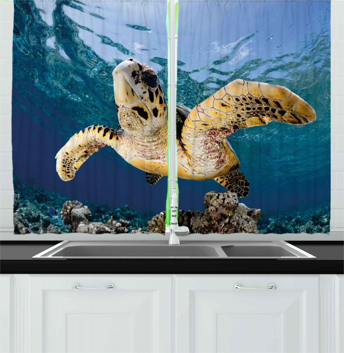 Turtle Curtains 2 Panels Set, Hawksbill Sea Turtle in Blue Lagoon of
