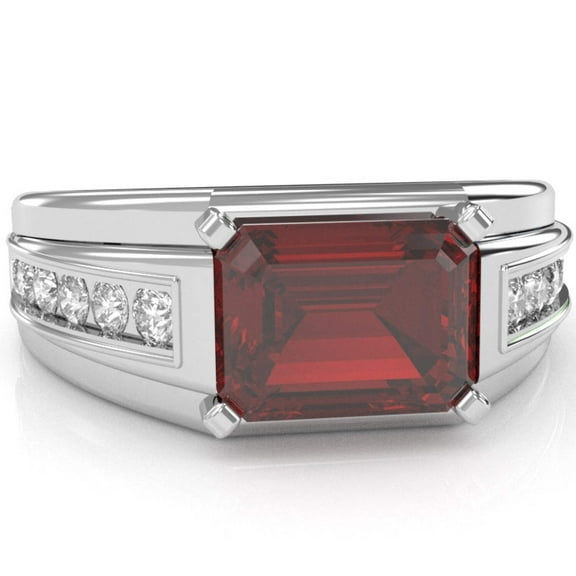 Men's Lab-Created Ruby Diamond Channel Ring In Solid 14k White Gold