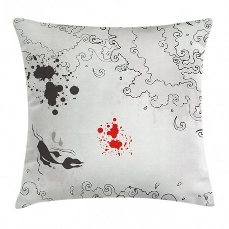 Asian Throw Pillow Cushion Cover Koi Fish Swimming In Sketch Grunge Sea Waves Hand Dawn Traditional Artwork Decorative Square Accent Pillow Case 20 X 20 Inches White Black Grey Red By Ambesonne