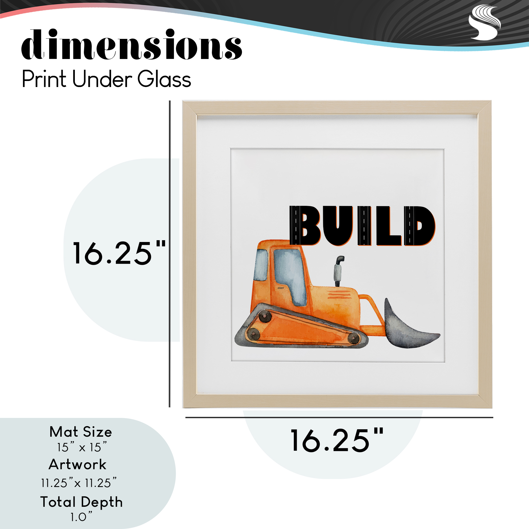 Build with Orange Bulldozer Birch Framed Print Under Glass, design by Kim Allen